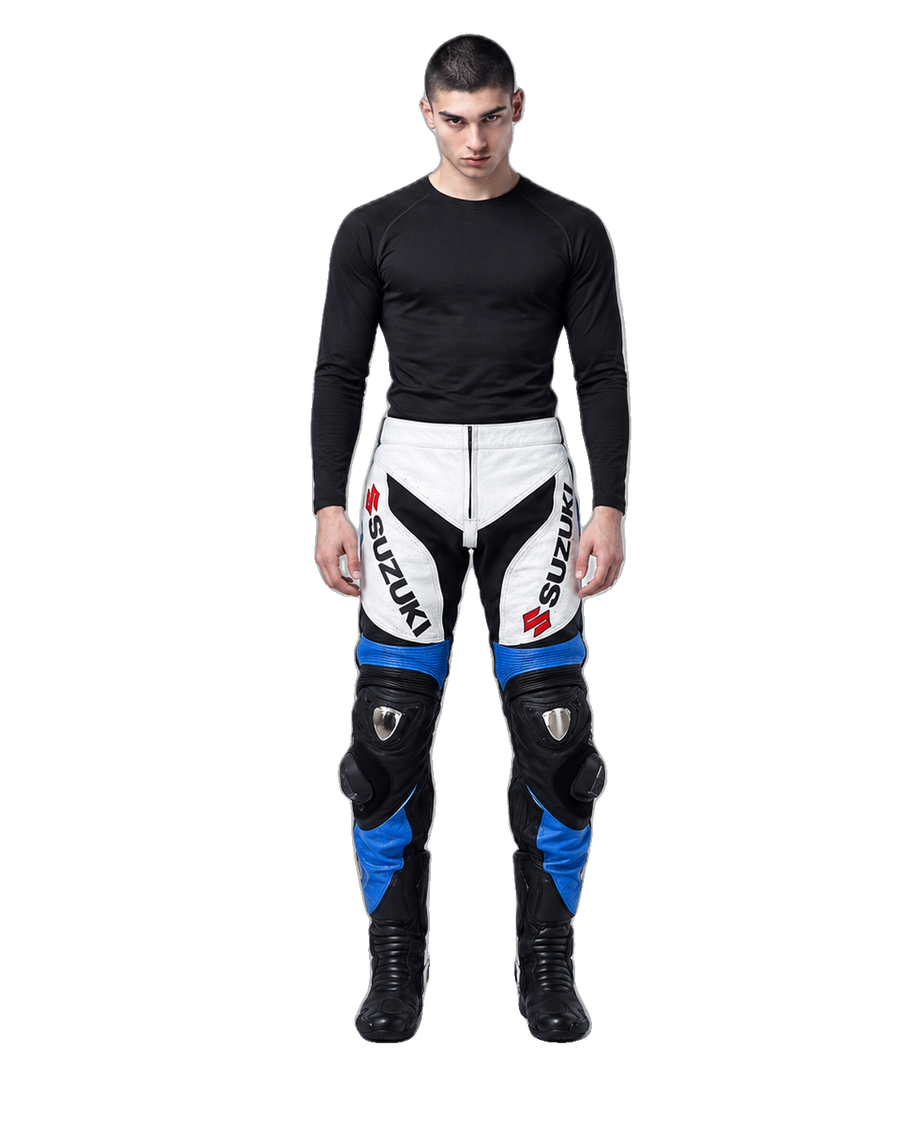 Custom Motorcycle Leather Pants - ZMP-009 front view on male model on transparent background