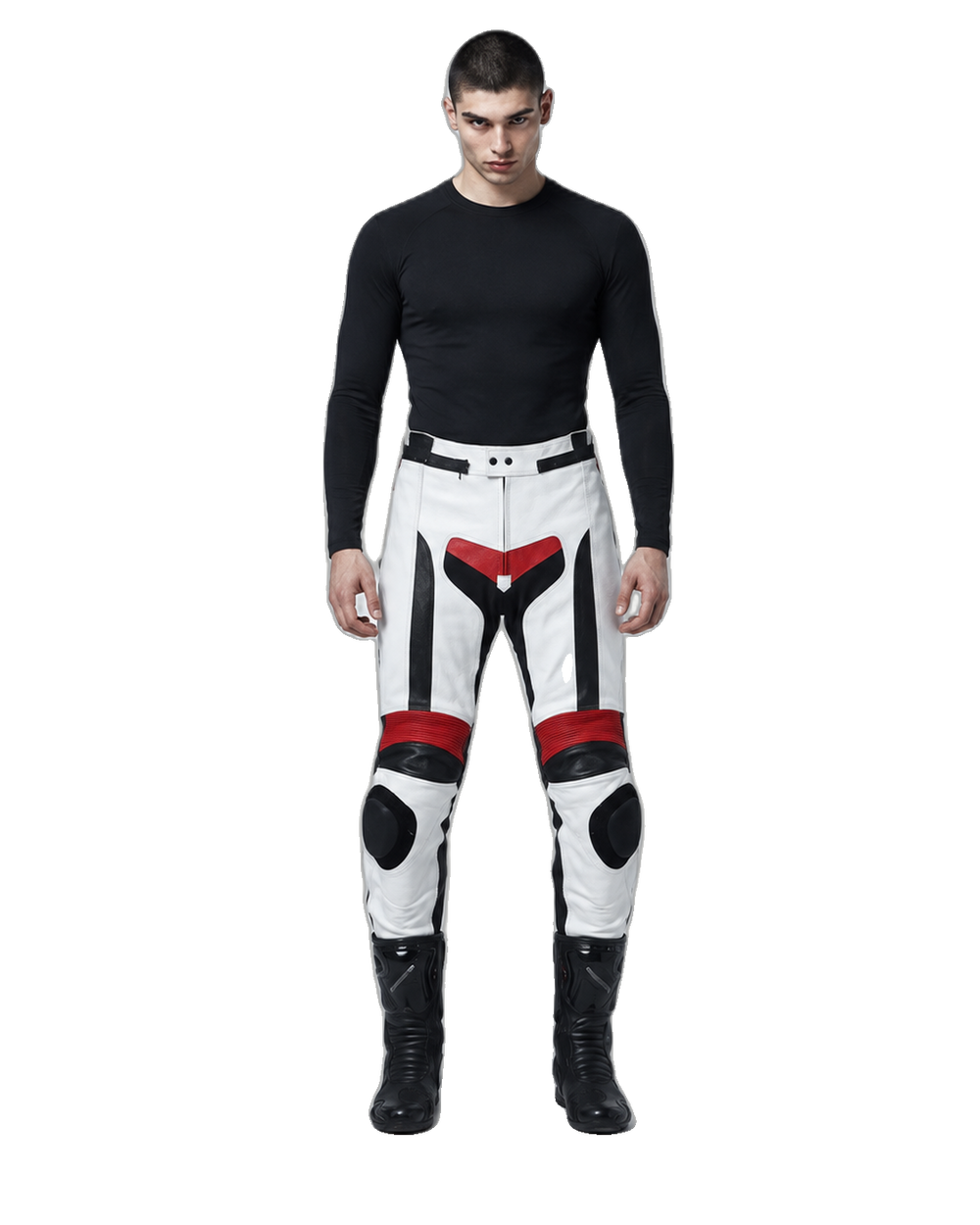 Custom Motorcycle Leather Pants - ZMP-010 front view on male model on transparent background