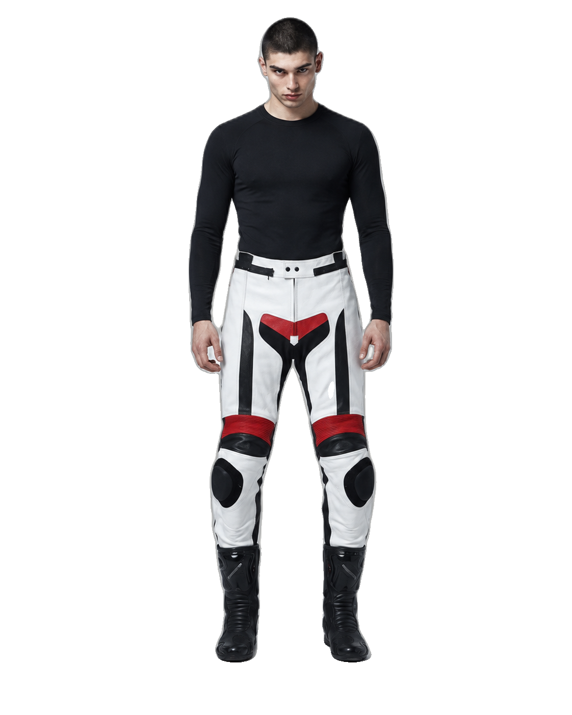 Custom Motorcycle Leather Pants - ZMP-010 front view on male model on transparent background