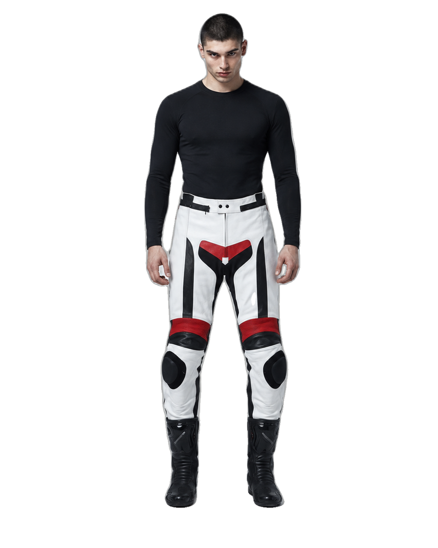 Custom Motorcycle Leather Pants - ZMP-010 front view on male model on transparent background
