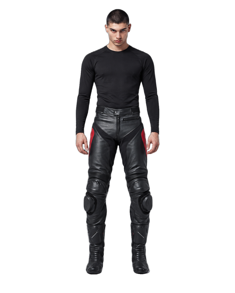 Custom Motorcycle Leather Pants - ZMP-012 front view on male model on transparent background
