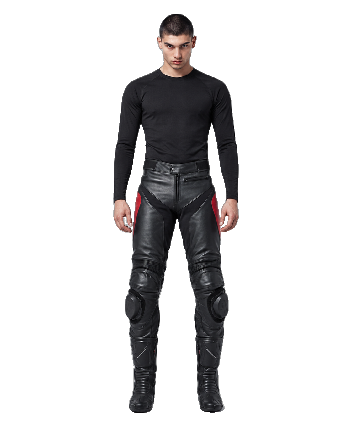 Custom Motorcycle Leather Pants - ZMP-012 front view on male model on transparent background