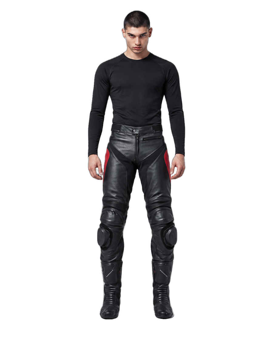 Custom Motorcycle Leather Pants - ZMP-012 front view on male model on transparent background