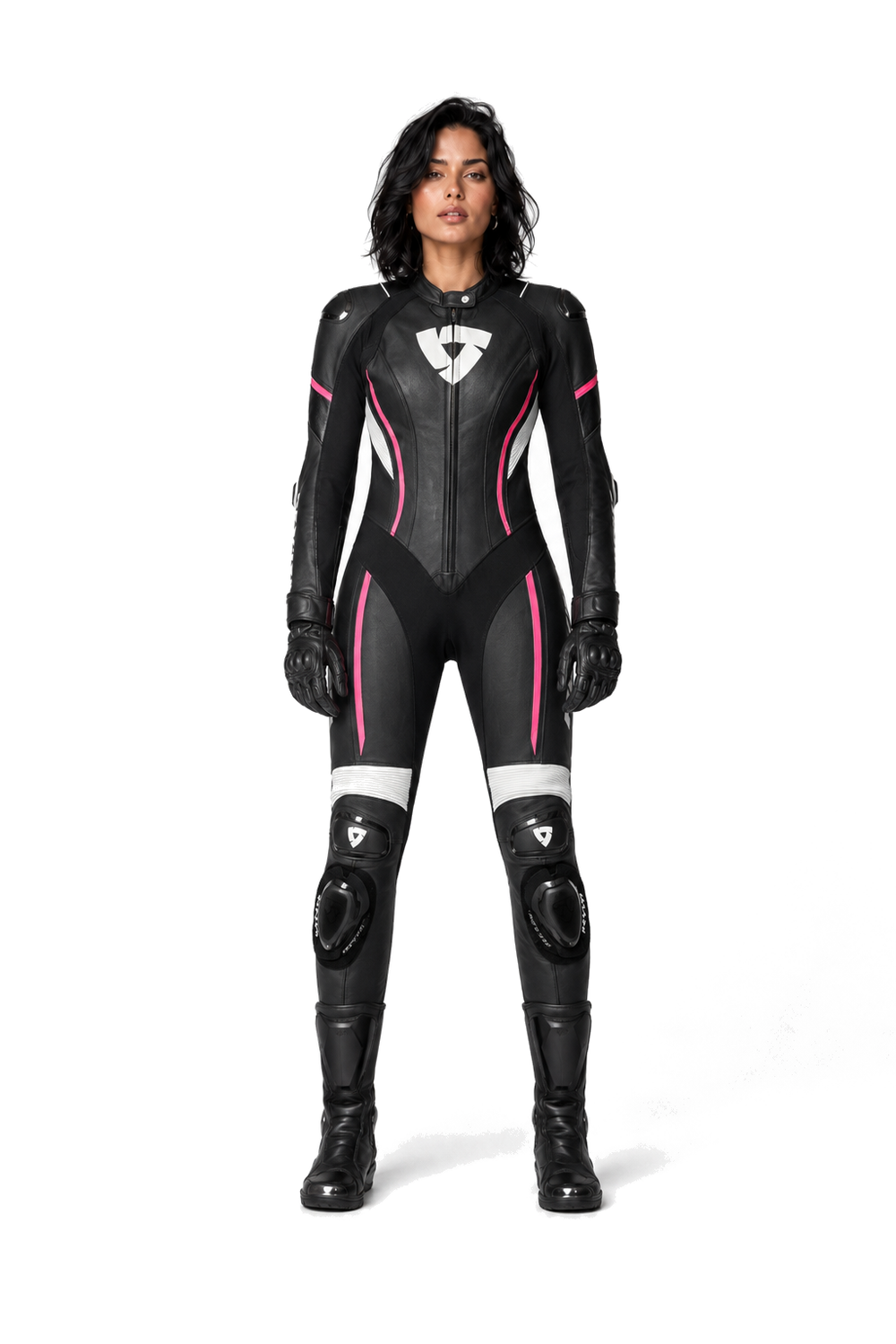 ZMW-017 Women's Motorcycle Suit front view on female model