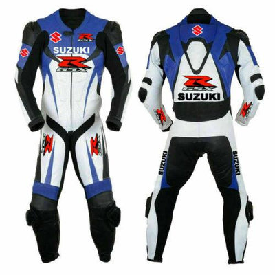 SUZUKI GSXR Blue & White Motorbike Racing Suit Leather Made - ZEES MOTOR SPORTS